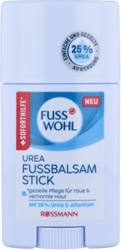 Biały sztyft Fusswohl Urea Fussbalsam Stick z 25% mocznika do pielęgnacji szorstkich stóp, widok z przodu.