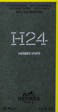 Front of Hermès H24 Herbes Vives męska woda perfumowana 50ml, ciemnoszare pudełko z białym napisem.