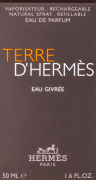 Opakowanie perfum Hermès Terre d'Hermes Eau Givrée, ciemnobrązowe pudełko z pomarańczowo-białym napisem. Widok z przodu.