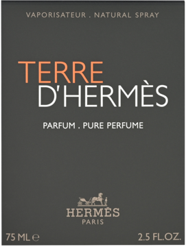 Męskie perfumy Terre d'Hermès Pure Perfume, ciemnoszare pudełko z pomarańczowym i białym napisem, widok z przodu.