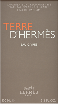 Męska woda perfumowana Hermès Terre d'Hermès Eau Givrée w szarym pudełku, z pomarańczowym napisem, logo.