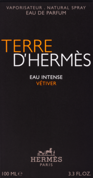 Czarny kartonik perfum Hermès Terre D'Hermès Eau Intense Vetiver 100ml z białym i pomarańczowym napisem, widok z przodu.