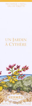 Hermès Un Jardin A Cythère woda toaletowa refill, białe pudełko z pejzażem i różowymi kwiatami, widok z przodu.