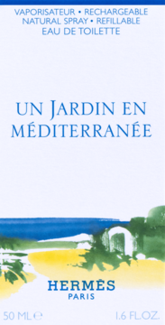 Hermès Un Jardin En Méditerranée woda toaletowa, białe pudełko z malowniczym krajobrazem Morza Śródziemnego.