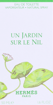 Białe opakowanie Hermès Un Jardin Sur Le Nil Eau de Toilette 50 ml z zielonymi liśćmi lilii wodnej i napisem.