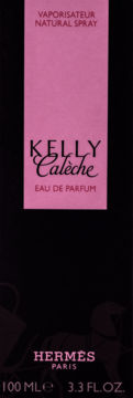 Damska woda perfumowana Hermès Kelly Calèche, 100ml, w różowo-czarnym opakowaniu, widok z przodu.