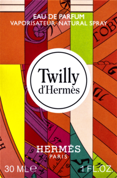 Pudełko Twilly d'Hermès Eau de Parfum 30ml, kolorowy wzór inspirowany apaszką, biały panel z nazwą.