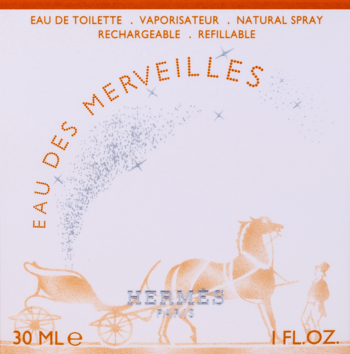 Hermès Eau des Merveilles, damska woda toaletowa 30 ml. Jasne pudełko z rysunkiem konia i karety, widok z przodu.
