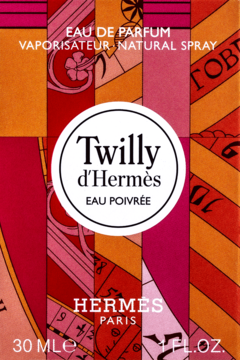 Pudełko perfum Hermès Twilly d'Hermès Eau Poivrée EDP 30ml, z czerwono-różowo-pomarańczowym wzorem. Widok z przodu.