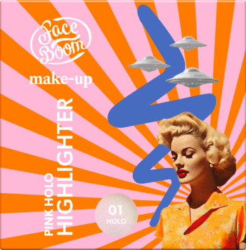FaceBoom Pink Holo rozświetlacz holograficzny. Opakowanie pop-art z retro kobietą, UFO na tle pomarańcz-róż.