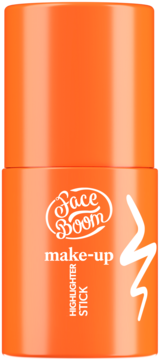Face Boom make-up Highlighter Stick w jaskrawym, pomarańczowym opakowaniu, z białym logo i napisem, widok z przodu.