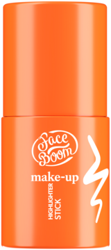 Face Boom make-up Highlighter Stick w jaskrawym, pomarańczowym opakowaniu, z białym logo i napisem, widok z przodu.