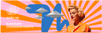 FaceBoom Blink Blink Eyeshadow Palette. Vibrant retro packaging with pink/orange rays, blue graphic, UFOs, and a woman.