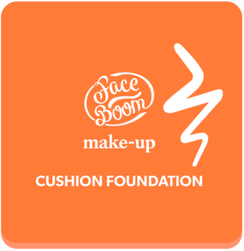Pomarańczowy kwadrat z logo FaceBoom make-up Cushion Foundation nr 03 Beige, biały tekst i błyskawica.