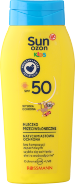 Żółte mleczko do opalania dla dzieci Sun ozon Kids SPF 50, wodoodporne, z rysunkiem małpki, widok z przodu.