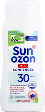 Sunozon Med Sonnengel SPF 30 w białej butelce, widok z przodu. Dla alergicznej skóry, wodoodporny, ochrona UVA/UVB.
