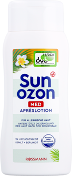 Sunozon Med Apréslotion, biała butelka balsamu po opalaniu dla skóry alergicznej, z napisem Rossmann.