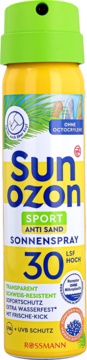 Żółty spray Sunozon Sport Anti Sand SPF 30 z zieloną nakrętką, wodoodporny filtr UV, ochrona UVA/UVB.