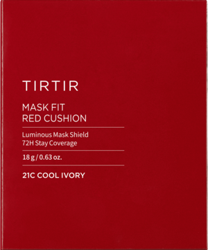 TIRTIR Mask Fit Red Cushion 21C Cool Ivory, czerwone pudełko, 72H krycie, widok z przodu.