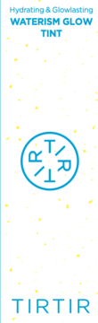 Grafika TIRTIR Waterism Glow Tint do ust. Niebieskie napisy i logo TIRTIR na białym tle z żółtymi kropkami.