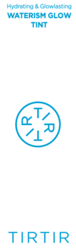 Grafika: TIRTIR Waterism Glow Tint, błękitny napis "Hydrating & Glowlasting" z logo na białym tle.
