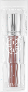 TIRTIR Waterism Glow Tint, brązowo-czerwony odcień w przezroczystym, brokatowym opakowaniu, widok z przodu.