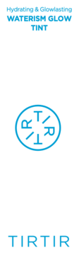Niebieskie logo i napisy TIRTIR Waterism Glow Tint na białym tle. Reklama nawilżającego tintu do ust.