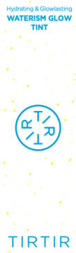 Hydrating & Glowlasting Waterism Glow Tint od TIRTIR: biała grafika z niebieskimi napisami i logo na tle żółtych kropek.