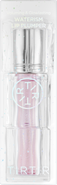 Brokatowy, różowy błyszczyk TIRTIR Waterism Lip Plumper w przezroczystym opakowaniu, z srebrną nakrętką, widok z przodu.