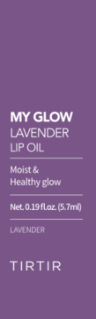 Front view of TIRTIR My Glow Lavender Lip Oil, purple packaging with white text, for moist & healthy glow.