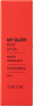 Czerwony kartonik TIRTIR My Glow Rosy Lip Oil 5.7 ml, widok z przodu, czarny tekst: Moist & Healthy glow.