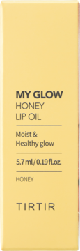 Żółte opakowanie olejku do ust TIRTIR My Glow Honey Lip Oil 5.7ml, zapewniającego nawilżone i lśniące usta.