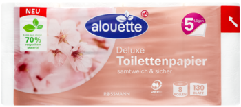 Alouette Deluxe 5-warstwowy papier toaletowy, 8 rolek, 130 listków. Różowe opakowanie z wzorem kwiatów wiśni, widok przodu.