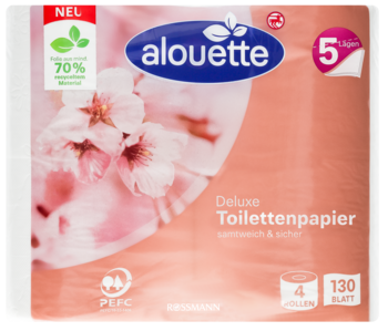Alouette Deluxe 5-warstwowy papier toaletowy, brzoskwiniowe opakowanie z kwiatami, 4 rolki po 130 listków.