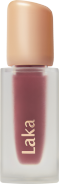 Laka Fruity Glam Tint Dewy, błyszczący tint w przezroczystej butelce z beżową nakrętką, złote logo, widok z przodu.