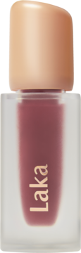 Laka Fruity Glam Tint Dewy, błyszczący tint w przezroczystej butelce z beżową nakrętką, złote logo, widok z przodu.