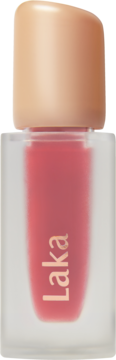 Laka Fruity Glam Tint Fresh, różowo-czerwona pomadka w płynie w matowej butelce, beżowy korek, widok z przodu.