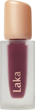 Błyszcząca pomadka w płynie Laka Fruity Glam Tint Envy. Przezroczysta butelka, beżowa zakrętka, widok z przodu.