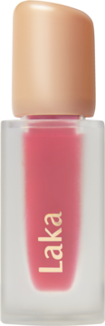 Błyszcząca pomadka w płynie Laka Fruity Glam Tint Adore, przezroczysta butelka, beżowa zakrętka, złote logo.