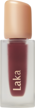 Laka Fruity Glam Tint Caffeine Rose, błyszcząca pomadka w płynie w butelce z beżową nakrętką, widok z przodu.