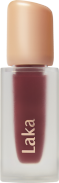 Laka Fruity Glam Tint Caffeine Rose, błyszcząca pomadka w płynie w butelce z beżową nakrętką, widok z przodu.