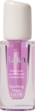 Laka Soothing Vegan Lip Oil, przezroczysta butelka z różowym płynem, biała nakrętka, widok z przodu.