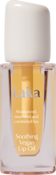 Laka Soothing Vegan Lip Oil, przezroczysta butelka z białym korkiem i bursztynowym płynem, widok z przodu.