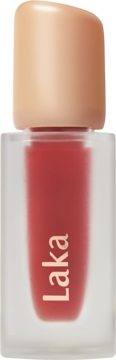 Błyszcząca pomadka Laka Fruity Glam Tint Candid. Transparentna butelka, beżowa nakrętka, widok frontalny.