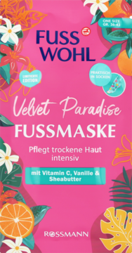 Różowa maseczka do stóp Fusswohl Velvet Paradise w skarpetkach, z witaminą C i wanilią, tropikalne motywy.