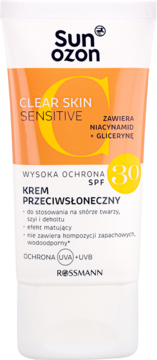 Biała tubka Sunozon Clear Skin Sensitive SPF 30, matujący krem do twarzy z niacynamidem i gliceryną, widok z przodu.