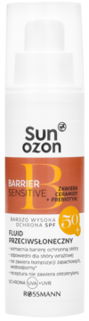 Biały fluid przeciwsłoneczny Sun ozon Barrier Sensitive SPF 50+ z ceramidami i prebiotykami, widok z przodu.