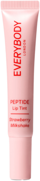 Jasnoróżowy peptydowy tint do ust Everybody London Strawberry Milkshake w tubce, z czerwonym tekstem, widok z przodu.