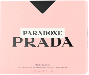 Jasnoróżowe opakowanie perfum Prada Paradoxe 90ml, widok z przodu, z czarnym trójkątem i napisem PRADA.