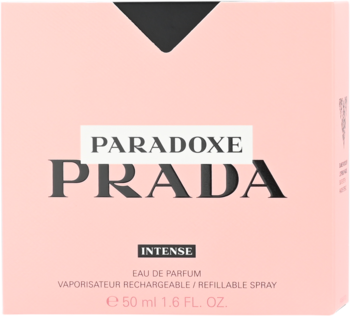 Różowe pudełko Prada Paradoxe Intense Eau de Parfum 50ml, widok z przodu, z czarnymi napisami.